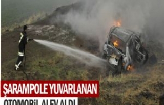 Şarampole Yuvarlanan Otomobil Alev Aldı 