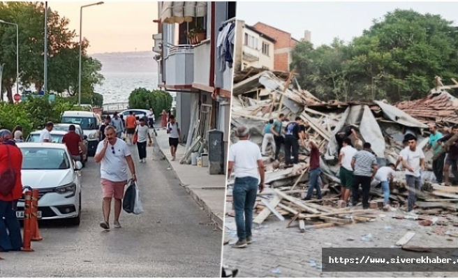 Balıkesir'de yıkılan bina sabahın ilk ışıkları ile havadan görüntülendi