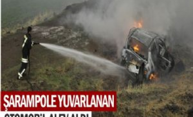 Şarampole Yuvarlanan Otomobil Alev Aldı 